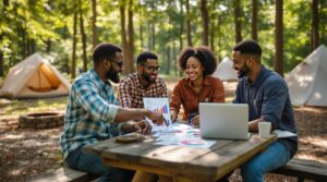 Three diverse campground staff and analysts reviewing colorful charts at a picnic table in a sunlit forest clearing, with blurred tents and a campfire in the background.