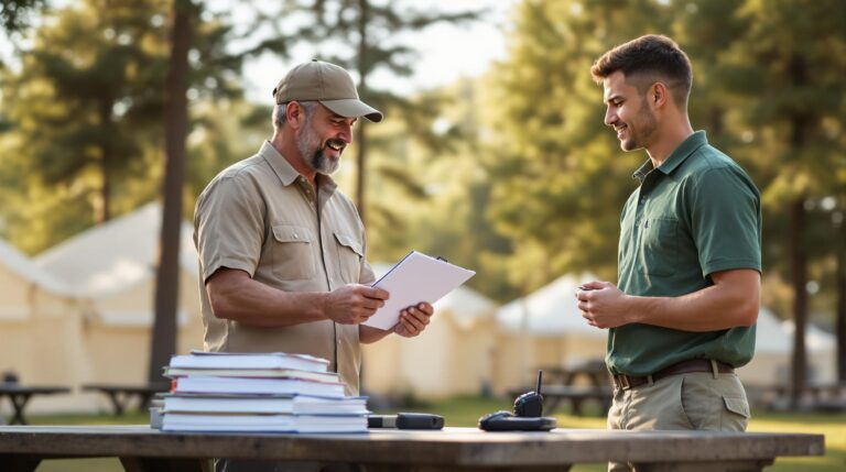 Campground manager and seasonal staff member discussing schedules at a picnic table with binders and a radio, surrounded by trees and tents in a generic outdoor setting.