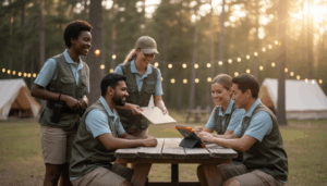Four campground employees in khaki uniforms gather at a picnic table in a forest clearing, smiling and coordinating shifts with a clipboard, soft sunlight filtering through trees and tents in the background.