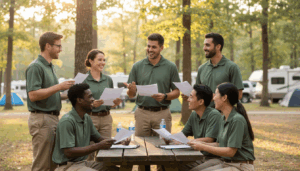 Diverse group of campground employees in plain uniforms smiling and meeting around a wooden picnic table in a generic forest clearing with soft morning light.
