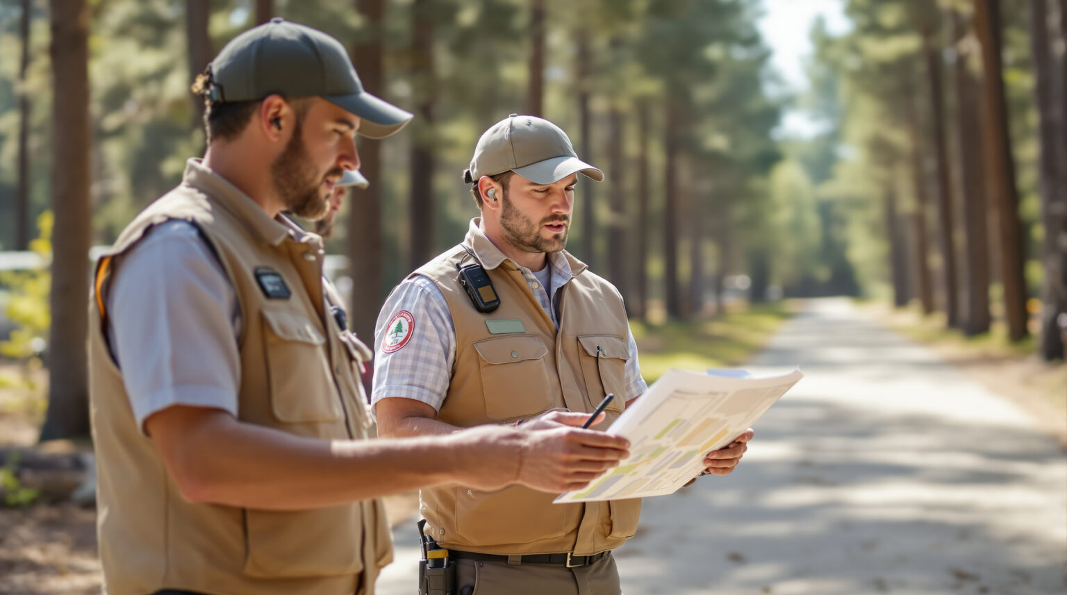 Three campground staff with wearable push-to-talk radios discuss a site map on a forest path, dappled sunlight in the background.