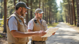 Three campground staff with wearable push-to-talk radios discuss a site map on a forest path, dappled sunlight in the background.