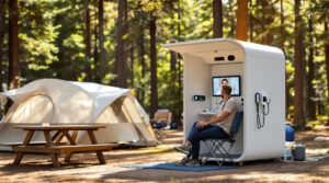 Camper using a telemedicine kiosk at a forest campsite with tent and picnic table nearby, surrounded by pine trees in soft daylight.