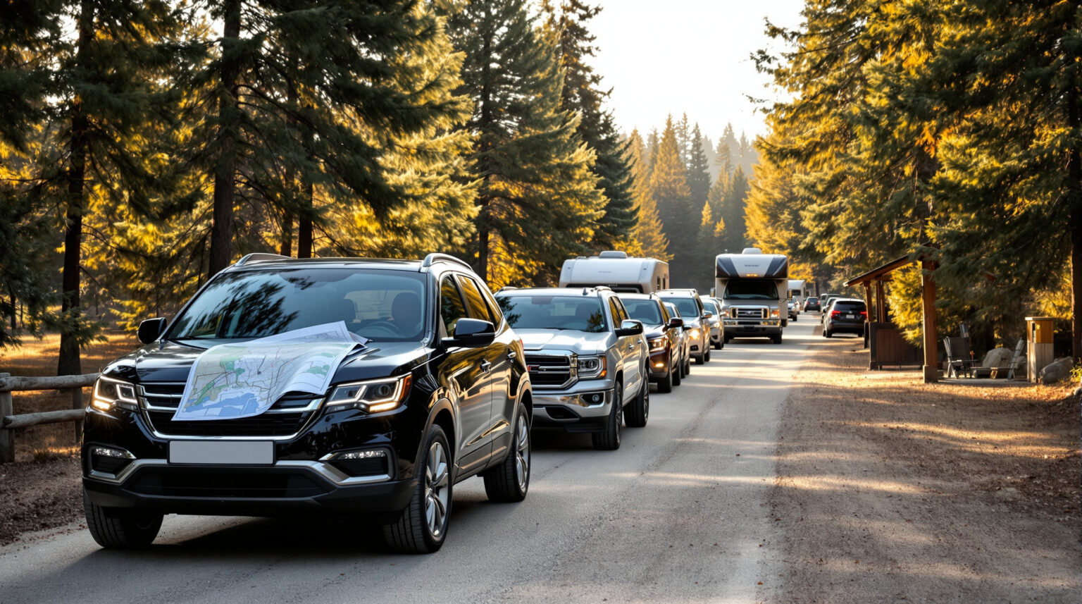 Campground staff in safety vests review a map on a car hood while vehicles line up on a dirt road near a wooden kiosk surrounded by pine trees in soft morning light.