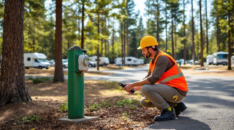 Campground technician in safety vest and hard hat inspects a utility meter beside a gravel loop with pine trees, RVs, and tents in the background.