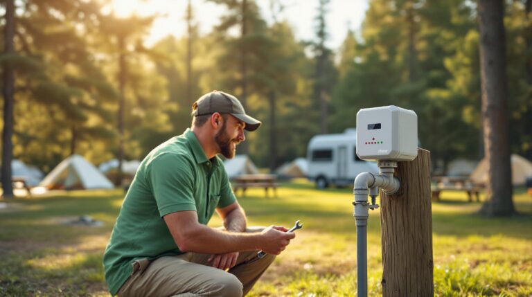 Campground manager inspecting a solar-powered water monitoring sensor beside a grassy campsite with tents and picnic tables in the background, surrounded by trees and warm sunlight.
