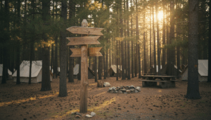 Wooden campground directional signpost with blank arrows surrounded by pine trees, tents, and a campfire ring in soft afternoon light