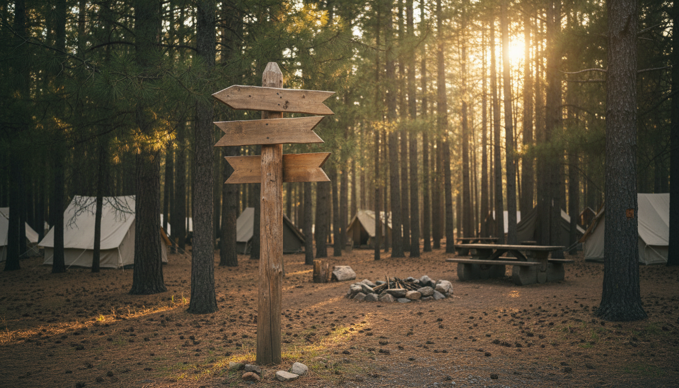 Wooden campground directional signpost with blank arrows surrounded by pine trees, tents, and a campfire ring in soft afternoon light