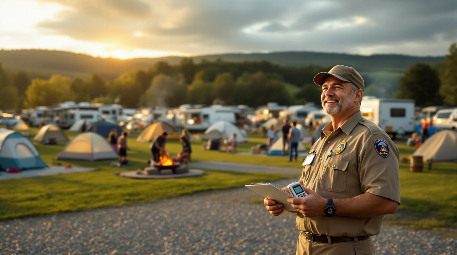 Campground manager with clipboard and weather meter stands smiling in the foreground, while families camp with tents and RVs under golden sunlight and approaching storm clouds, generic wooded hills in the background.