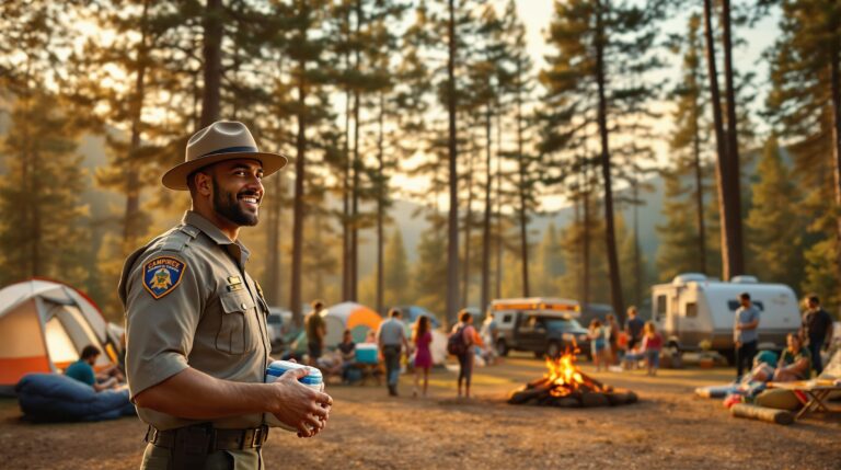 Park ranger welcomes campers to an open campsite on a busy weekend, with families setting up tents and an RV in a wooded, generic campground at golden hour.