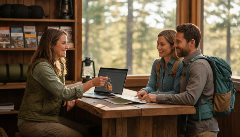 Campground receptionist hands map and key tags to smiling couple at check-in desk inside a rustic office with camping gear and blurred forest outside.