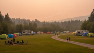 Campground with tents and small RVs in a grassy clearing under hazy, smoke-filtered sunlight, relaxed campers walking and setting up chairs, faint abstract graph lines in the sky, forested hills in the background.