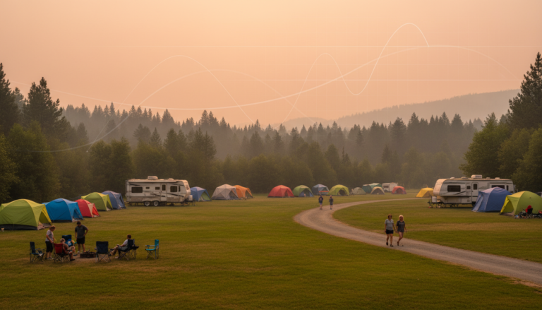 Campground with tents and small RVs in a grassy clearing under hazy, smoke-filtered sunlight, relaxed campers walking and setting up chairs, faint abstract graph lines in the sky, forested hills in the background.