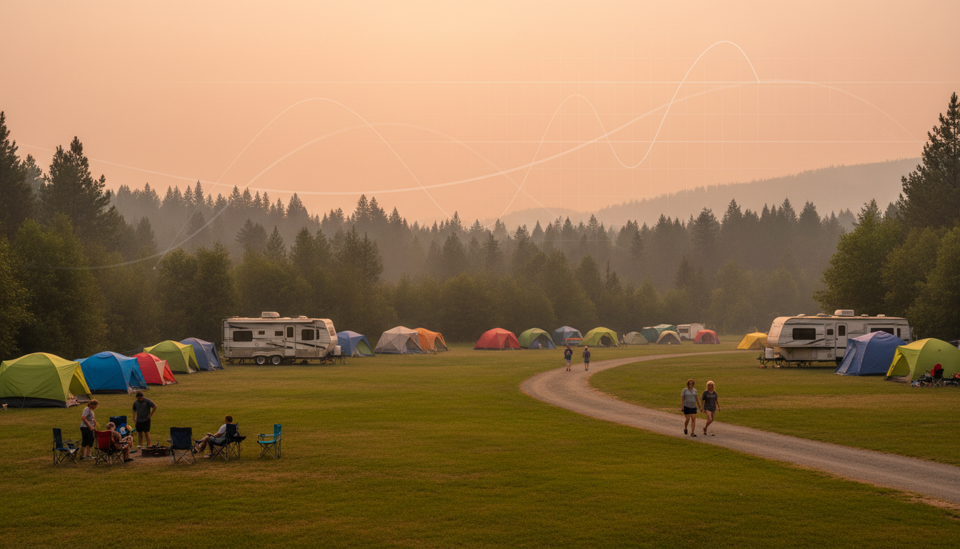 Campground with tents and small RVs in a grassy clearing under hazy, smoke-filtered sunlight, relaxed campers walking and setting up chairs, faint abstract graph lines in the sky, forested hills in the background.