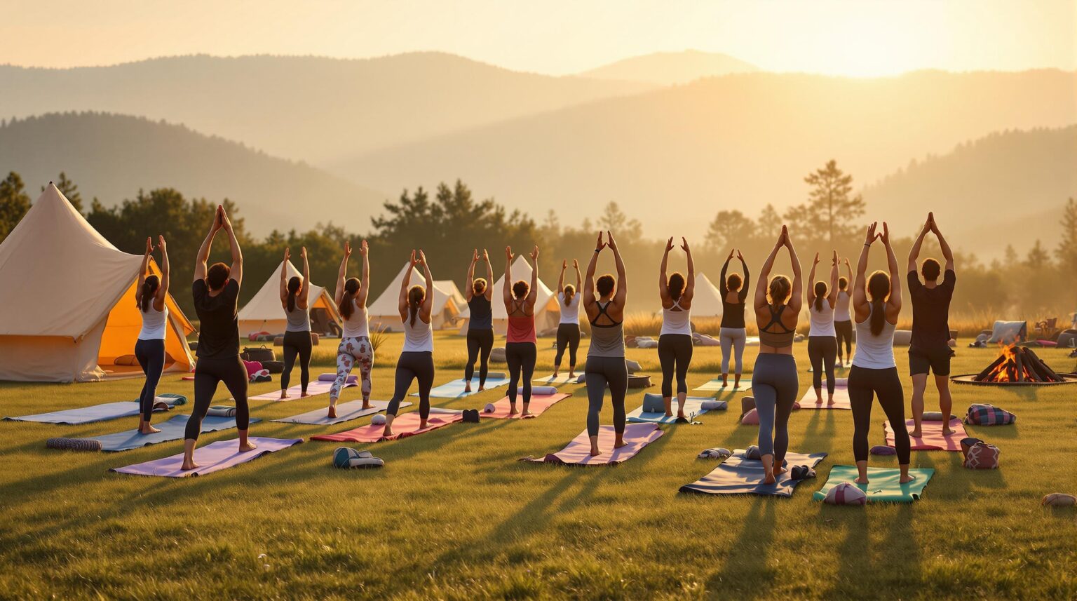 Group of adults practicing yoga on colorful mats in a grassy campground clearing at sunrise with tents and trees in the background