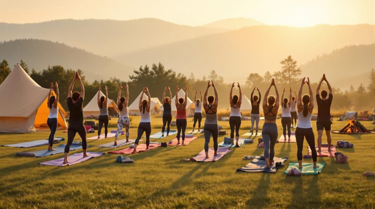 Group of adults practicing yoga on colorful mats in a grassy campground clearing at sunrise with tents and trees in the background
