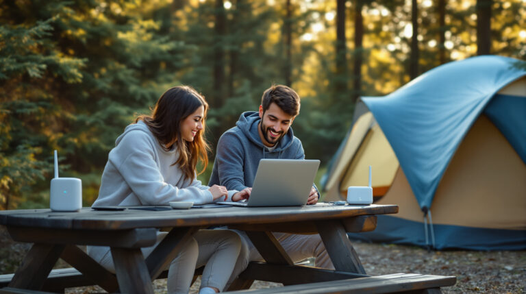 Young couple at a campsite using a laptop to make a reservation, with a modern tent and portable Wi-Fi router on a wooden picnic table, surrounded by blurred trees in soft morning light.