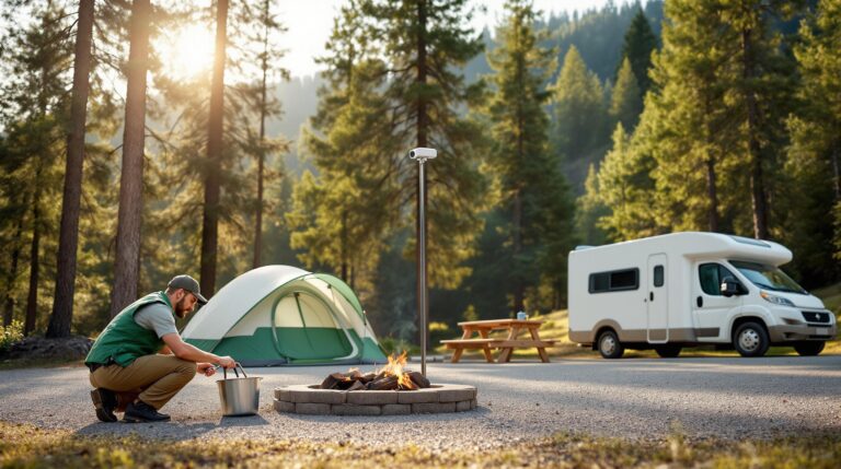 Campground staff member cleaning fire ring at campsite with tent, camper van, picnic table, and a discreet camera mounted on a pole, surrounded by pine trees in soft sunlight.