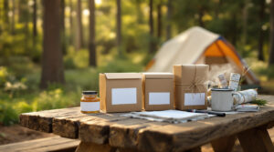 Rustic picnic table at a campsite with welcome kit boxes, travel jars, LED flashlights, blank maps, and a steaming camp mug, set against a blurred tent and forest background.