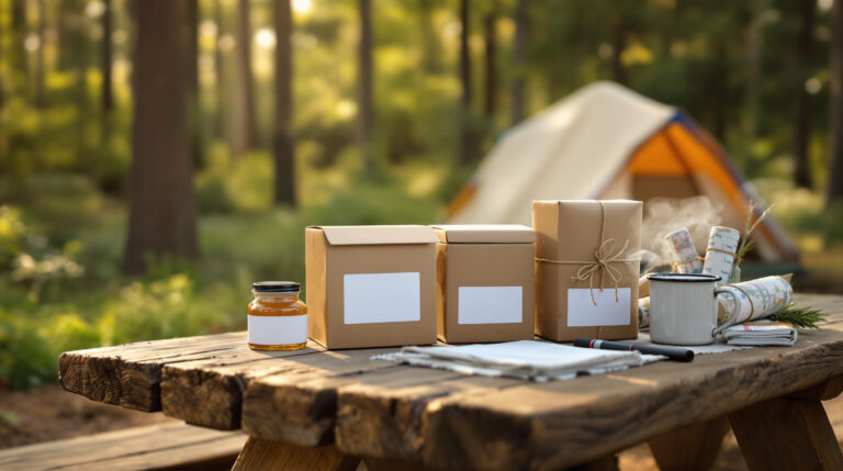 Rustic picnic table at a campsite with welcome kit boxes, travel jars, LED flashlights, blank maps, and a steaming camp mug, set against a blurred tent and forest background.