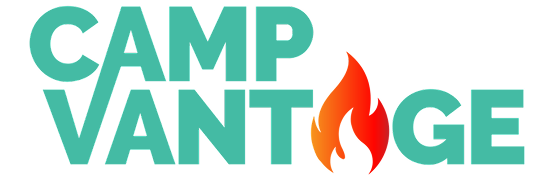 Camp Vantage logo with flame design.