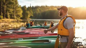 Group of river guides and outdoor enthusiasts in life vests standing by colorful canoes on a forested riverbank, two people shaking hands in partnership, with warm sunlight and a blurred natural background.