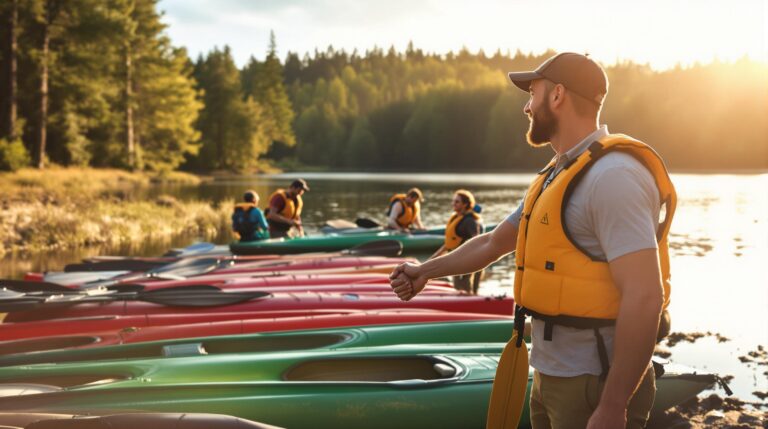 Group of river guides and outdoor enthusiasts in life vests standing by colorful canoes on a forested riverbank, two people shaking hands in partnership, with warm sunlight and a blurred natural background.