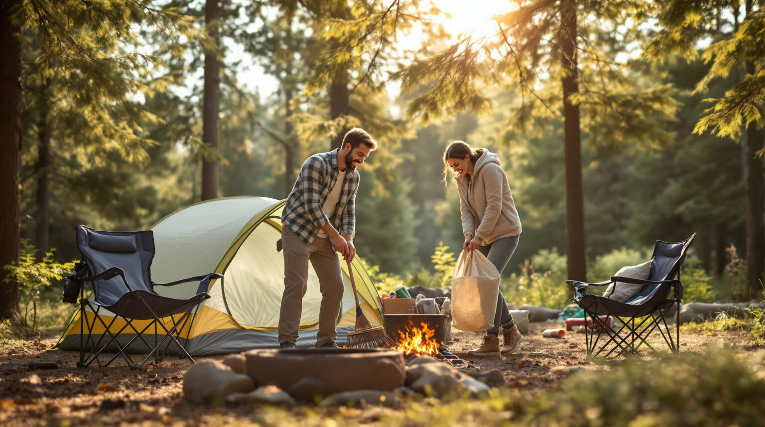 Young couple cleaning a tidy campsite, placing litter in a canvas bag beside a tent and camp chairs, with a forest background and warm sunlight.