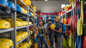 A diverse group of adults selects rafting helmets, life jackets, and paddles from organized shelves in a well-lit, neutral storage room, preparing for a group rafting trip.