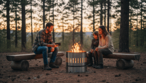Campers gathered around a modern fire pit in a pine clearing at dusk, with one adult using a smartphone to control the fire, illustrating safe and convenient outdoor technology.