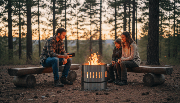Campers gathered around a modern fire pit in a pine clearing at dusk, with one adult using a smartphone to control the fire, illustrating safe and convenient outdoor technology.