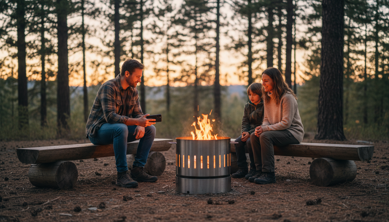 Campers gathered around a modern fire pit in a pine clearing at dusk, with one adult using a smartphone to control the fire, illustrating safe and convenient outdoor technology.
