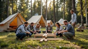 A diverse group of business professionals in casual attire collaborates on a wooden puzzle outdoors at a forest campground, surrounded by trees, tents, and benches, with warm sunlight highlighting a relaxed team-building activity.