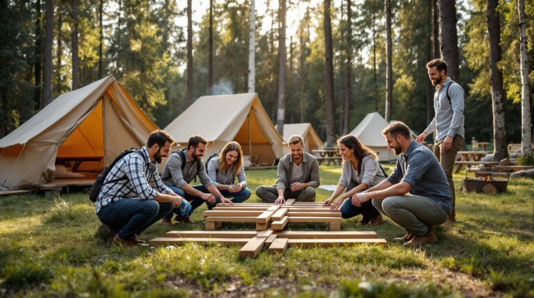 A diverse group of business professionals in casual attire collaborates on a wooden puzzle outdoors at a forest campground, surrounded by trees, tents, and benches, with warm sunlight highlighting a relaxed team-building activity.