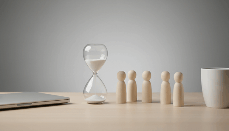 Hourglass flowing next to five wooden figurines on a desk with a closed laptop and white coffee mug, against a soft neutral background.