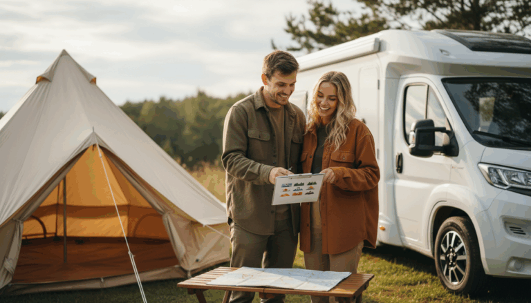 Smiling couple planning an RV and glamping trip at a generic campsite with a camper van, bell tent, and map on a table, surrounded by soft greenery.