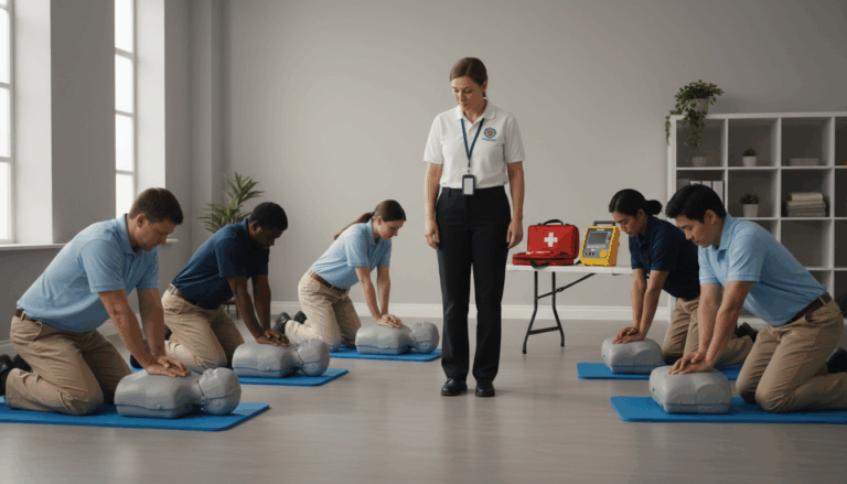 A diverse group of park employees practices CPR on training mannequins under instructor supervision in a neutral, well-lit room with first-aid kits and an AED trainer nearby.