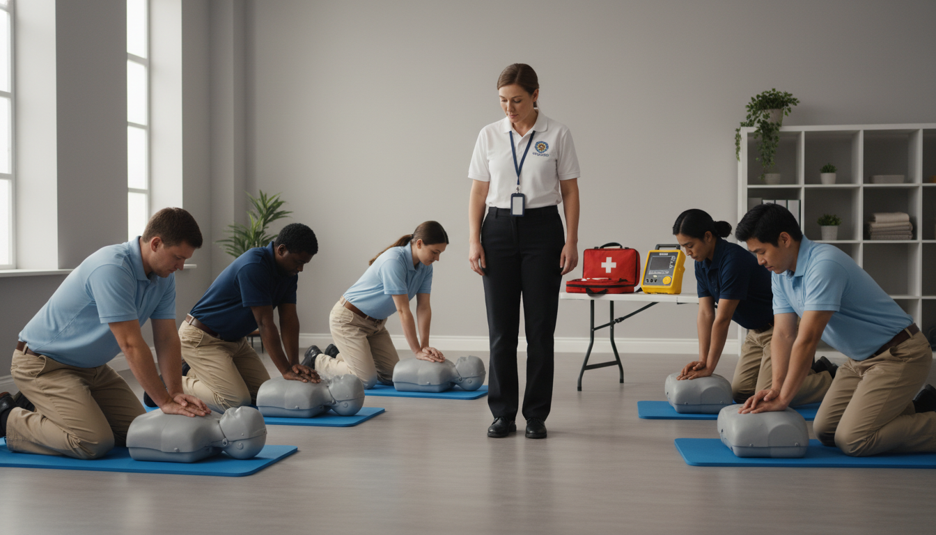 A diverse group of park employees practices CPR on training mannequins under instructor supervision in a neutral, well-lit room with first-aid kits and an AED trainer nearby.
