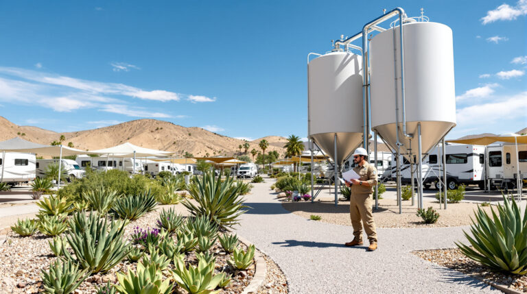 A modern desert RV park with white RVs, drip-irrigated succulent beds, water storage tanks, and a maintenance worker inspecting equipment under a bright blue sky with sunlit desert hills in the background.