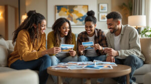 Four diverse young adults in casual travel clothes sit around a coffee table in a modern hotel lounge, smiling and reviewing printed travel photos together, with a DSLR camera and abstract decor in the softly lit background.