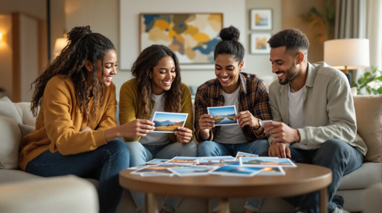 Four diverse young adults in casual travel clothes sit around a coffee table in a modern hotel lounge, smiling and reviewing printed travel photos together, with a DSLR camera and abstract decor in the softly lit background.