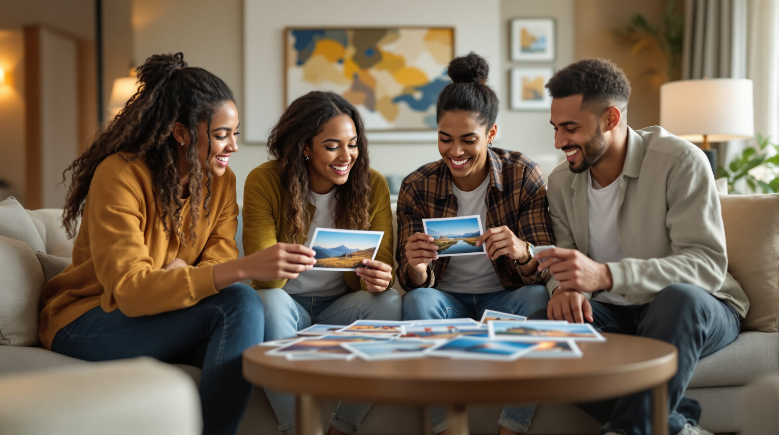 Four diverse young adults in casual travel clothes sit around a coffee table in a modern hotel lounge, smiling and reviewing printed travel photos together, with a DSLR camera and abstract decor in the softly lit background.
