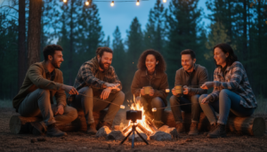A diverse group of adults sits around a glowing campfire at dusk, with a small camera on a tripod pointing toward the fire and one camper wearing a wireless earbud. They share marshmallows and drinks, illuminated by warm firelight and surrounded by a softly blurred, generic forest background.