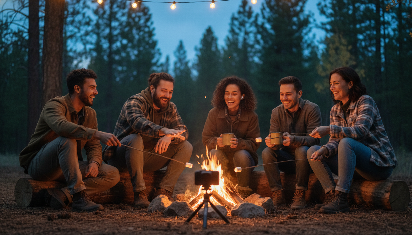 A diverse group of adults sits around a glowing campfire at dusk, with a small camera on a tripod pointing toward the fire and one camper wearing a wireless earbud. They share marshmallows and drinks, illuminated by warm firelight and surrounded by a softly blurred, generic forest background.