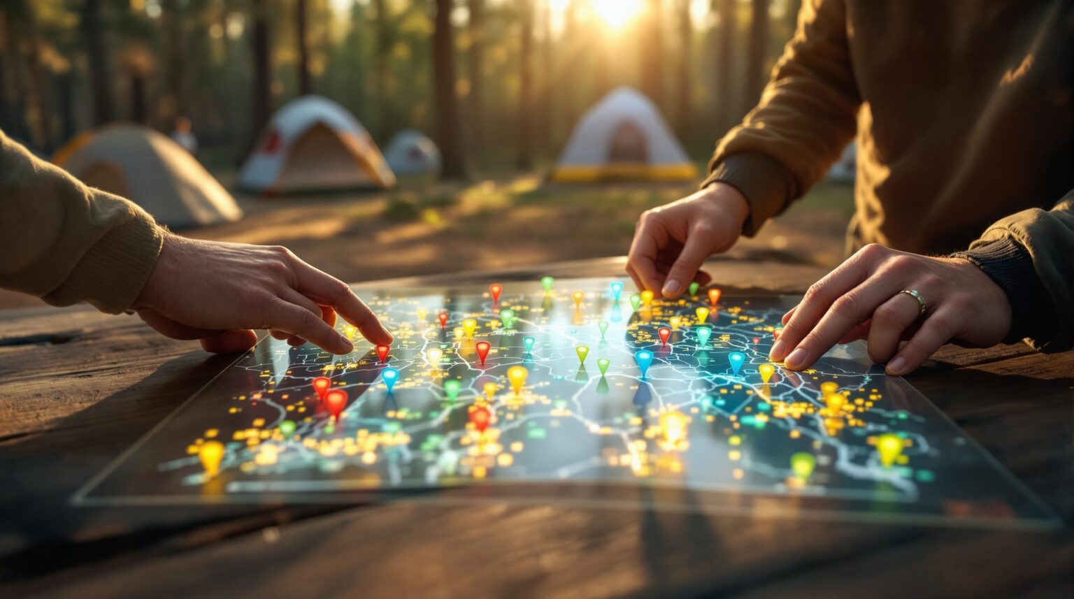 Two campers’ hands arranging colorful markers on a glowing topographic map atop a wooden picnic table in a sunlit pine forest, with blurred tents and trees in the background.