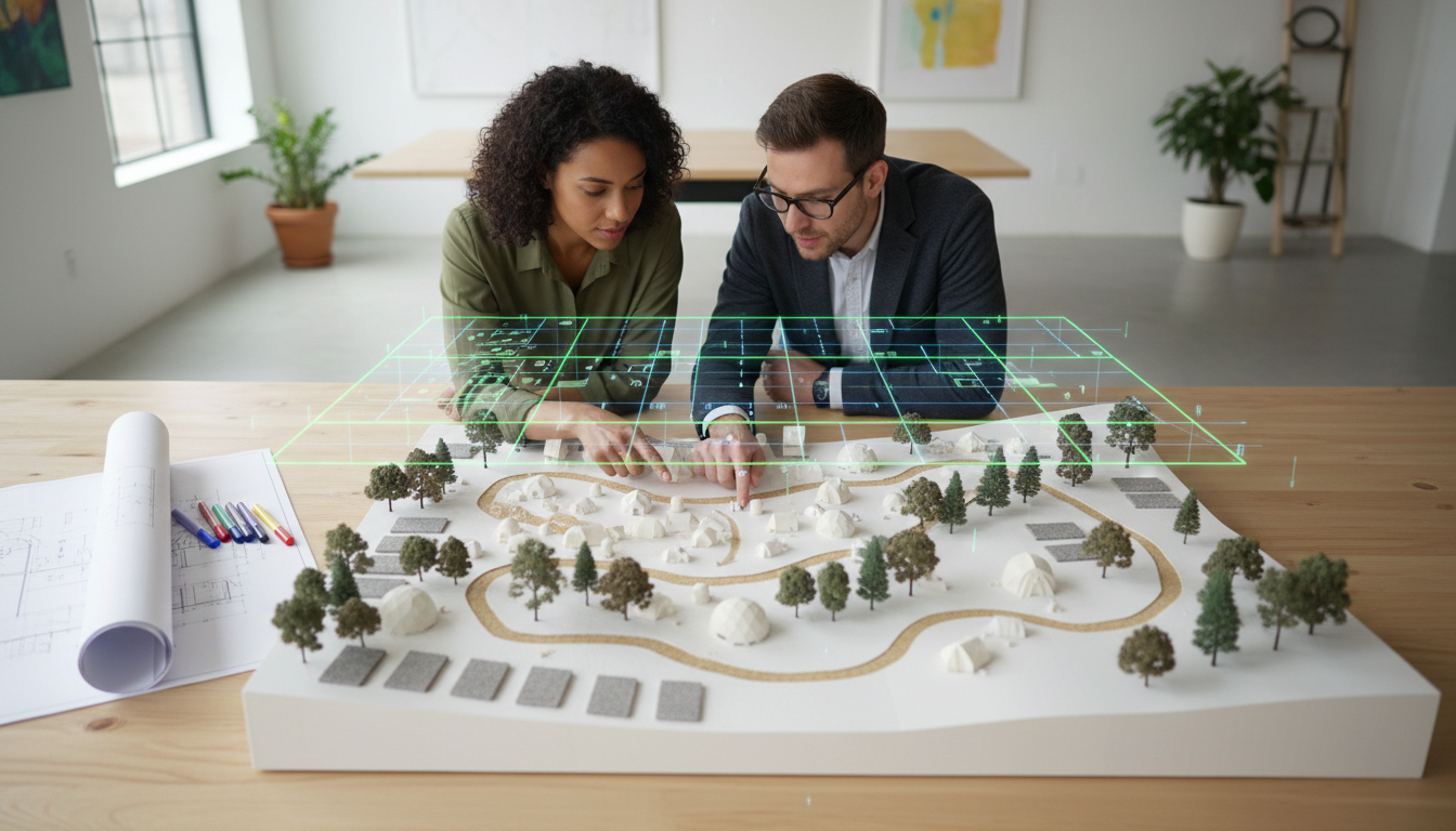 Two architects review a detailed scale model of a campground with miniature tents and trees on a studio table, with a subtle digital overlay suggesting a virtual layout.