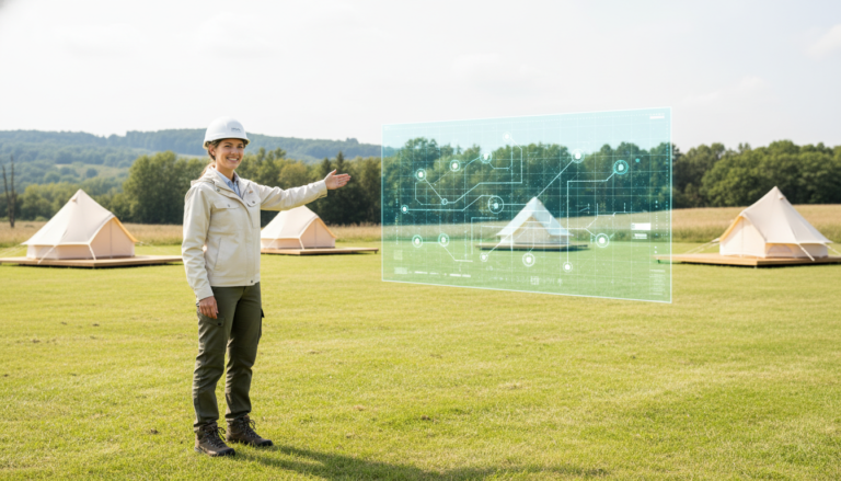 Female planner in hard hat gestures at a glampground meadow with canvas tents and holographic digital layout markers, set against blurred hills and trees under bright daylight