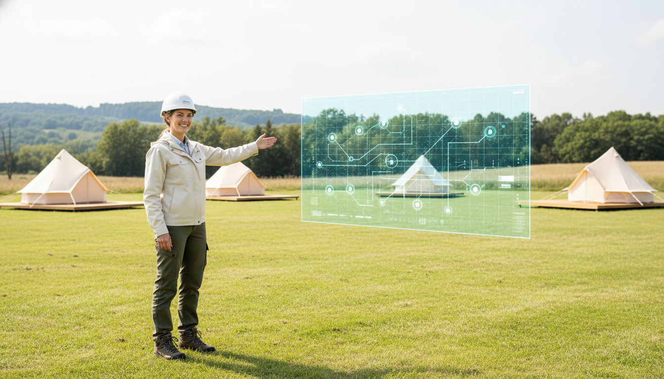 Female planner in hard hat gestures at a glampground meadow with canvas tents and holographic digital layout markers, set against blurred hills and trees under bright daylight