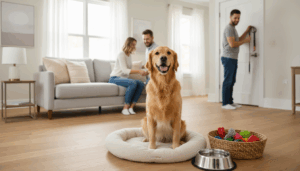 Smiling hosts prepare a modern rental living room with dog-friendly amenities, featuring a golden retriever on a plush bed, toys, and water bowl in a bright, welcoming space.