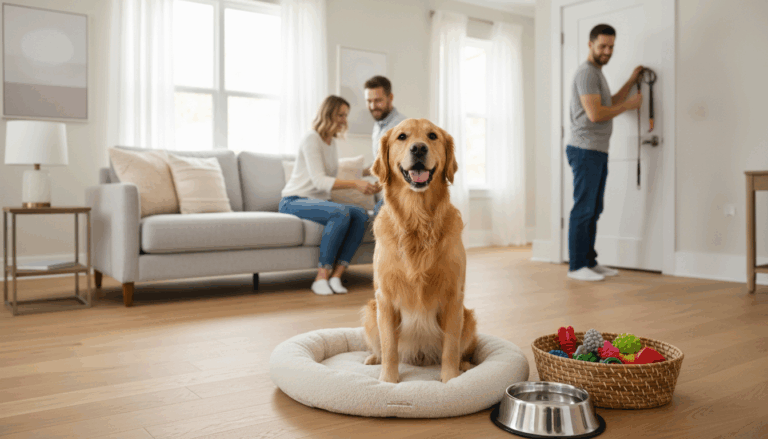 Smiling hosts prepare a modern rental living room with dog-friendly amenities, featuring a golden retriever on a plush bed, toys, and water bowl in a bright, welcoming space.